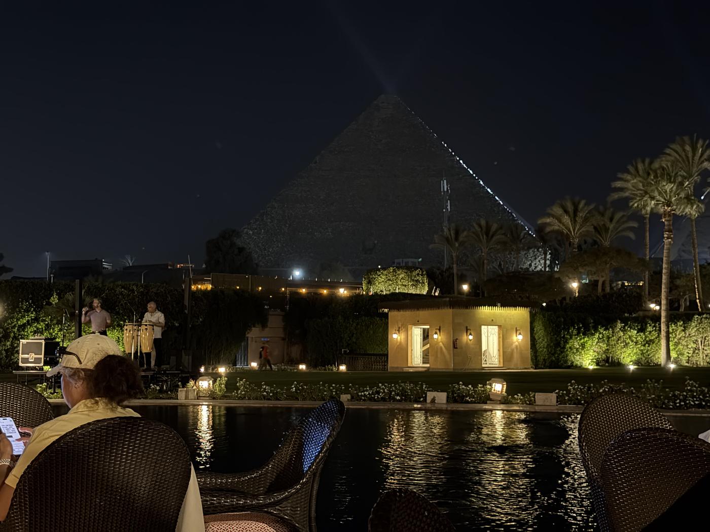 the pyramid at night from the hotel